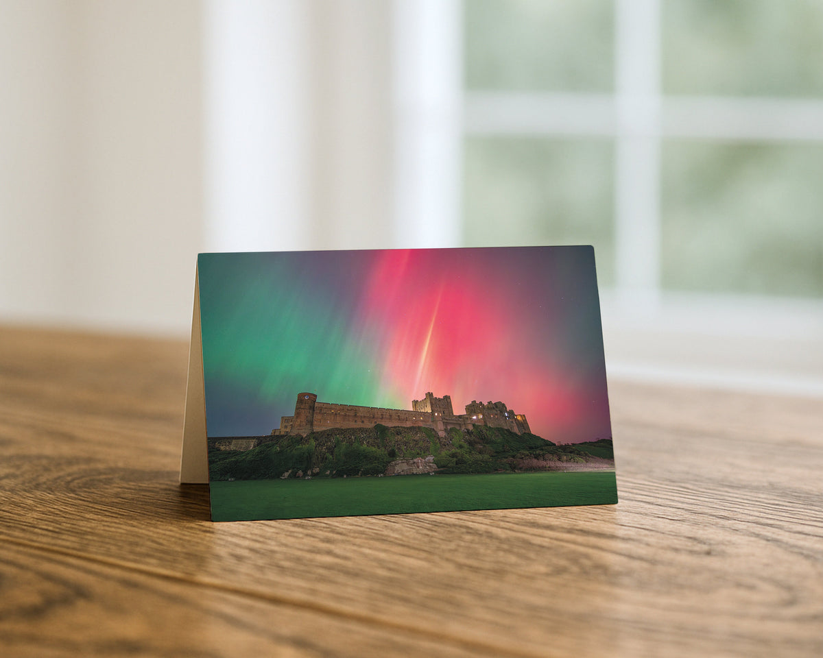 Bamburgh Castle Northern Lights blank A5 greetings card, Northumberland, by North East Captures