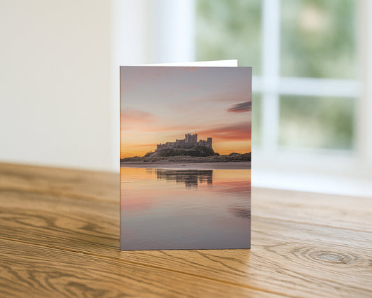 Bamburgh Castle Sunrise Portrait blank A5 greetings card, Northumberland, by North East Captures