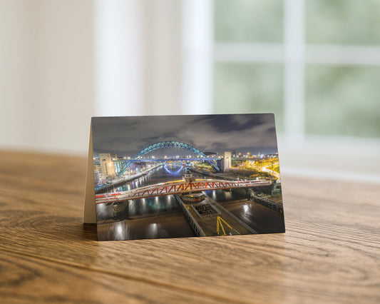 Newcastle Bridges at Night blank A5 greetings card, Newcastle and Gateshead, by North East Captures