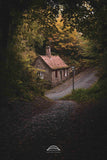 Stone cottage nestled in a forest with a path leading up to it