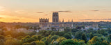 Cityscape with a prominent cathedral at sunset, surrounded by trees.