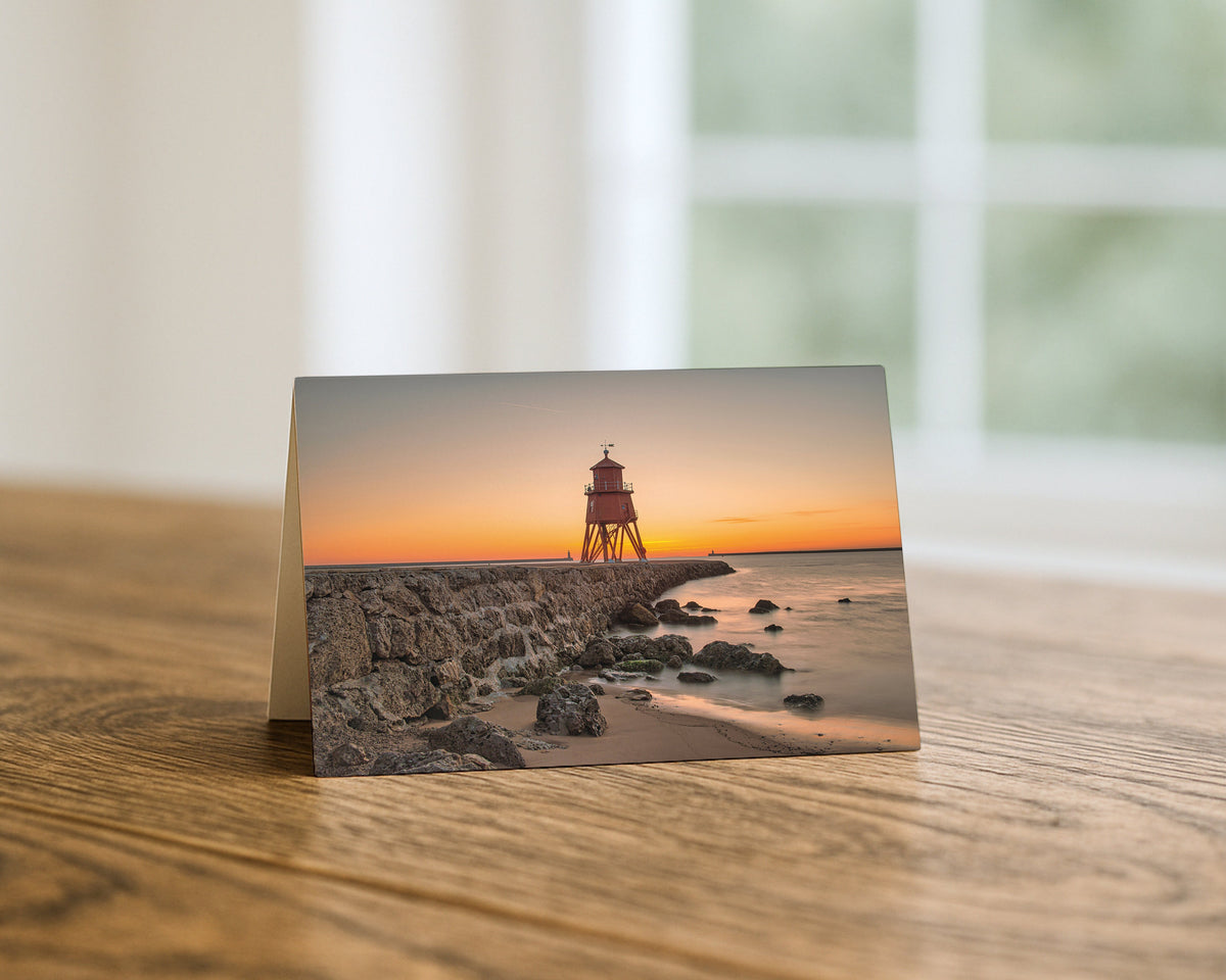 Herd Groyne Lighthouse at Sunrise blank A5 greetings card, South Shields, by North East Captures