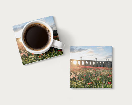 Lesbury Viaduct Poppy Field Coaster | Northumberland Gift.