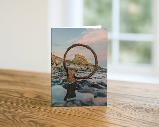 Lindisfarne Castle Through the Mooring Ring blank A5 greetings card, Holy Island, Northumberland, by North East Captures