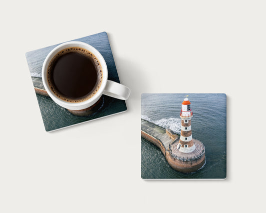 Roker Lighthouse Aerial View photography coaster featuring Sunderland