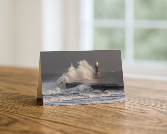 Roker Pier Lighthouse Storm Wave blank A5 greetings card, Sunderland, by North East Captures