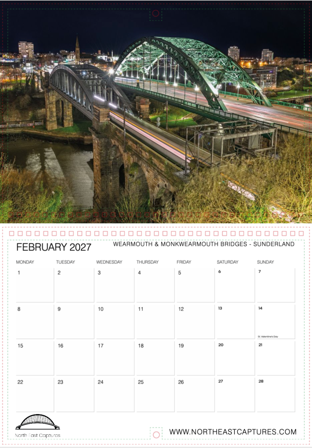 A printed calendar page showing the February 2027 calendar grid for Wearmouth & Monkmwearmouth Bridges in Sunderland, with a large nighttime photograph of the bridge above the calendar layout. The photo shows a green steel arch bridge over water at night with city lights in the background.