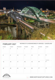 A printed calendar page showing the February 2027 calendar grid for Wearmouth & Monkmwearmouth Bridges in Sunderland, with a large nighttime photograph of the bridge above the calendar layout. The photo shows a green steel arch bridge over water at night with city lights in the background.