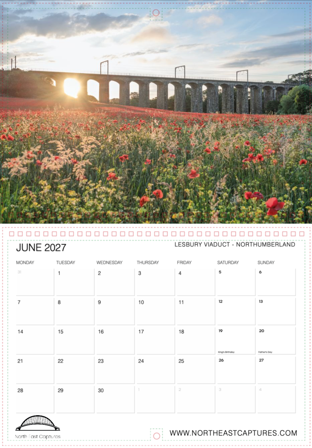 A printed calendar page for June 2027 with a large landscape photograph of the Lessbury Viaduct in Northumberland over a field of red and white flowers. The top portion shows the scenic landscape with warm sunlight, and the bottom portion contains the calendar grid, location text, and the website www.