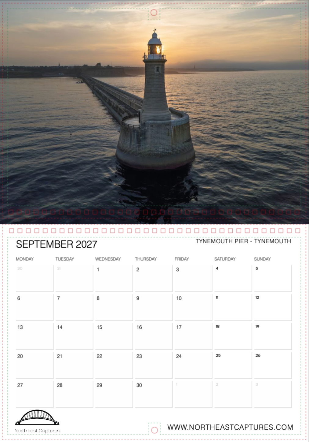 A single-page calendar spread showing a photograph of a lighthouse on a pier over water at sunset, with the date September 2027 and a weekly calendar grid below. Branding at the bottom reads North East Captures and includes the website www.