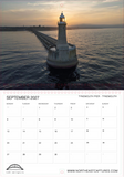 A single-page calendar spread showing a photograph of a lighthouse on a pier over water at sunset, with the date September 2027 and a weekly calendar grid below. Branding at the bottom reads North East Captures and includes the website www.