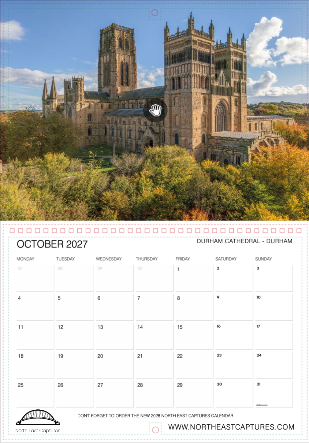 A single-page October 2027 calendar spread from a Durham Cathedral travel calendar. The top half shows a scenic photograph of Durham Cathedral with autumn trees below and a blue sky.