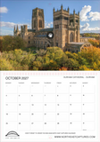 A single-page October 2027 calendar spread from a Durham Cathedral travel calendar. The top half shows a scenic photograph of Durham Cathedral with autumn trees below and a blue sky.