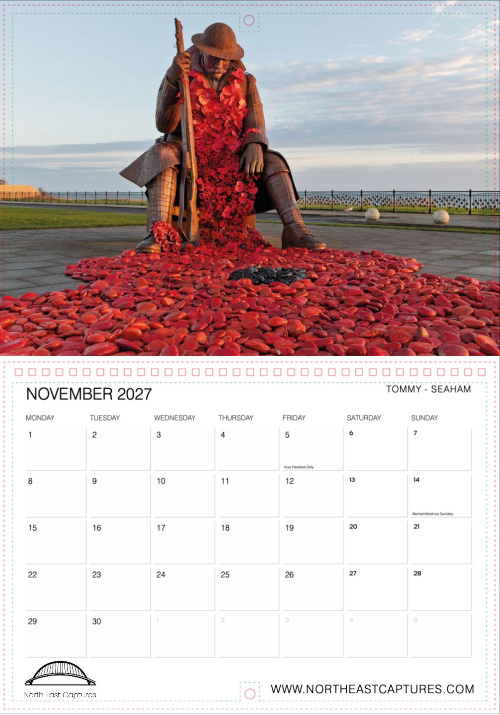 A single-page calendar spread showing a photograph of a seated statue pouring red stones across a paved area, with a November 2027 calendar grid on the lower half and Northeast Captures branding at the bottom.