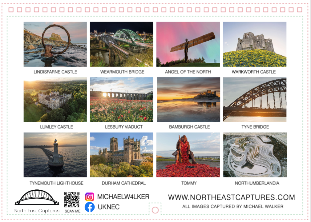 A square collage poster featuring 12 scenic photographs of North East England landmarks, including Lindisfarne Castle, Wearmouth Bridge, Angel of the North, Warkworth Castle, Lumley Castle, Lesbury Viaduct, Bamburgh Castle, Tyne Bridge, Tynemouth Lighthouse, Durham Cathedral, Tommy's, and Northumberlandia. Each photo has a caption beneath it.