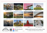 A square collage poster featuring 12 scenic photographs of North East England landmarks, including Lindisfarne Castle, Wearmouth Bridge, Angel of the North, Warkworth Castle, Lumley Castle, Lesbury Viaduct, Bamburgh Castle, Tyne Bridge, Tynemouth Lighthouse, Durham Cathedral, Tommy's, and Northumberlandia. Each photo has a caption beneath it.