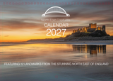 North East Captures 2027 Calendar cover featuring a sunset landscape of Eddington Castle on a rocky cliff with reflections in the water, plus white title text and a small bridge icon at the top.