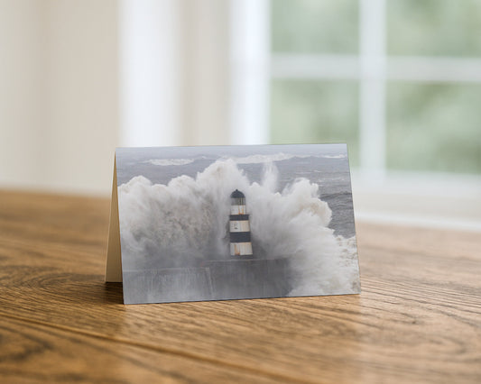 Seaham Lighthouse Storm Wave blank A5 greetings card, County Durham, by North East Captures