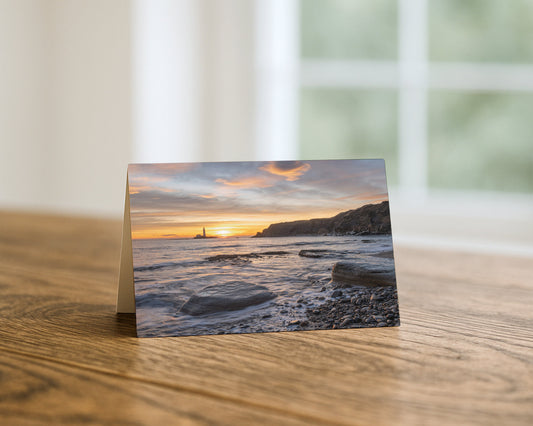 St Mary's Lighthouse from Old Hartley Beach blank A5 greetings card, Whitley Bay, by North East Captures
