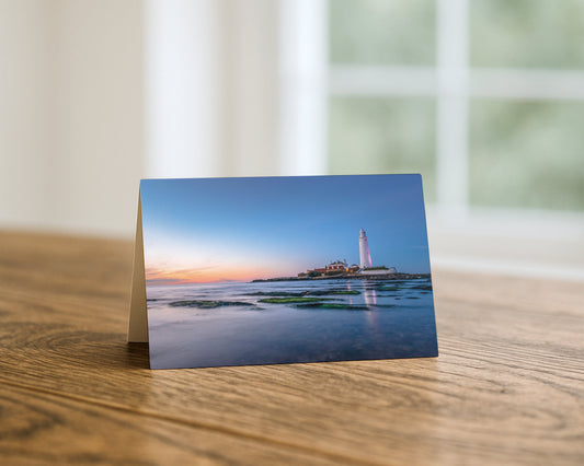 St Mary's Lighthouse at Sunset blank A5 greetings card, Whitley Bay, by North East Captures