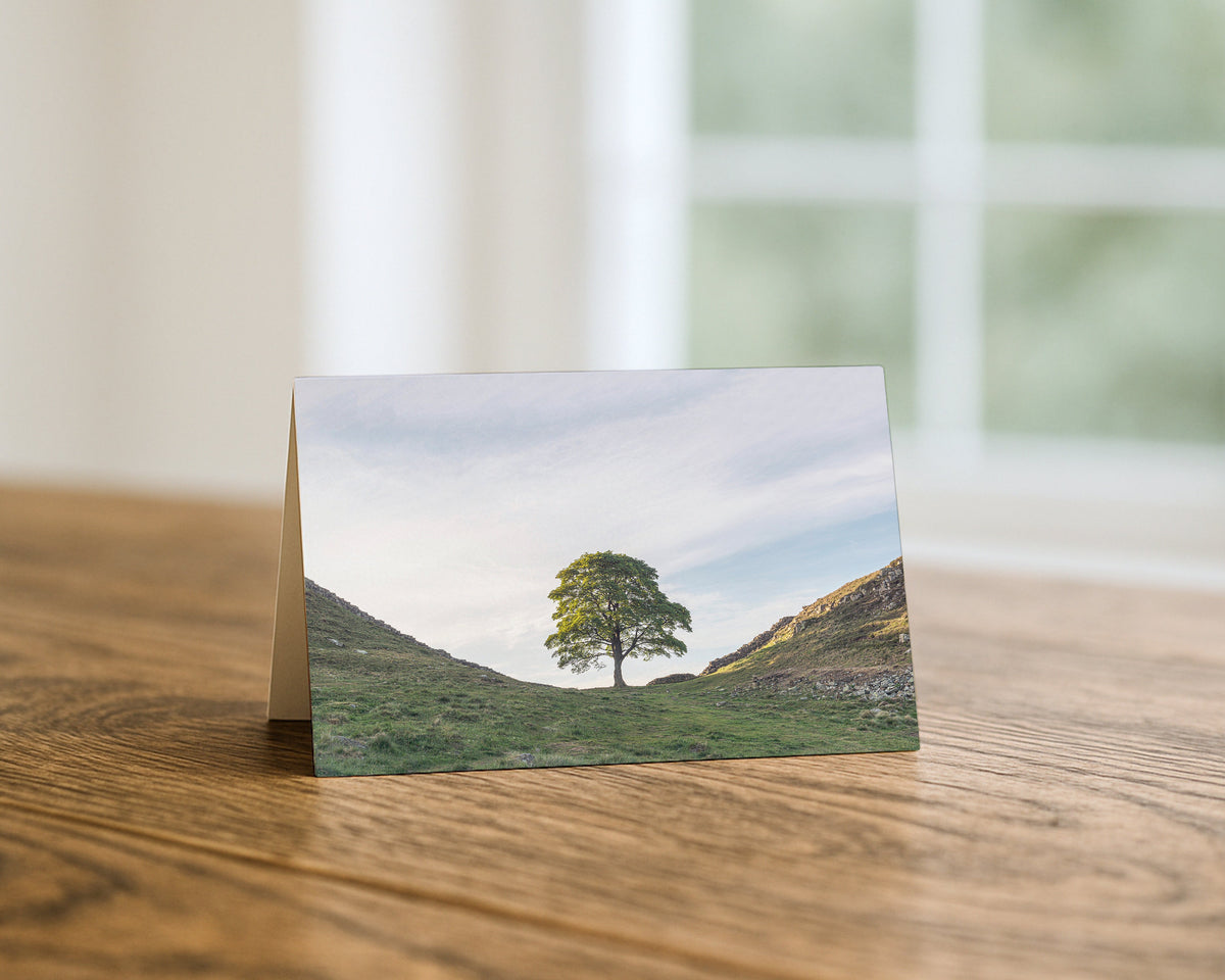 Sycamore Gap from a Distance blank A5 greetings card, Hadrian's Wall, Northumberland, by North East Captures