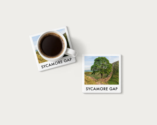 Illustrated ceramic coaster showing the leafy Sycamore Gap tree beside Hadrian’s Wall; mockup with a coffee mug.