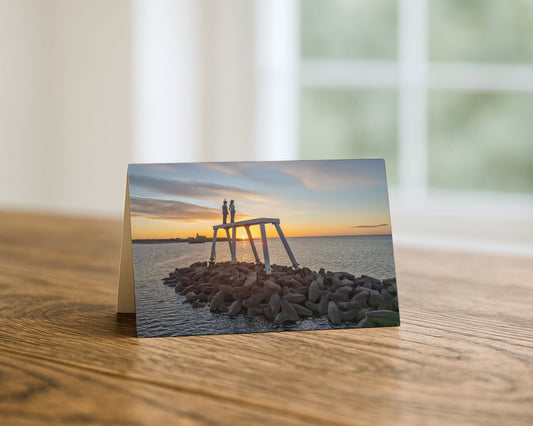 The Couple Sculpture at Sunrise blank A5 greetings card, Newbiggin-by-the-Sea, by North East Captures
