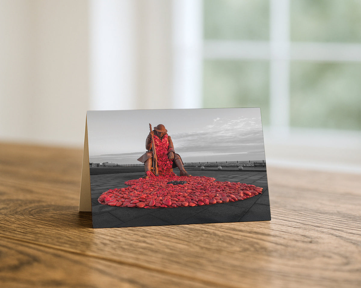 Tommy Sculpture with Poppies blank A5 greetings card, Seaham, County Durham, by North East Captures