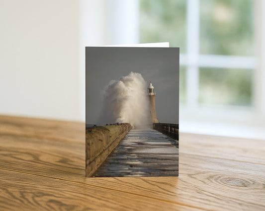 Tynemouth Pier Storm Wave blank A5 greetings card, North Tyneside, by North East Captures