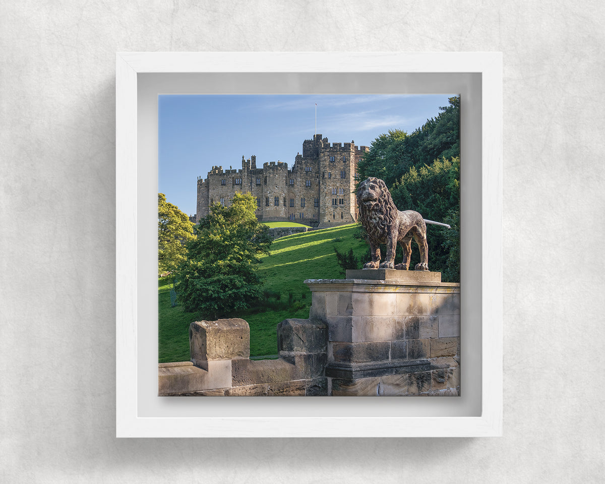 Alnwick Castle ceramic tile in a white solid wood box frame, front view