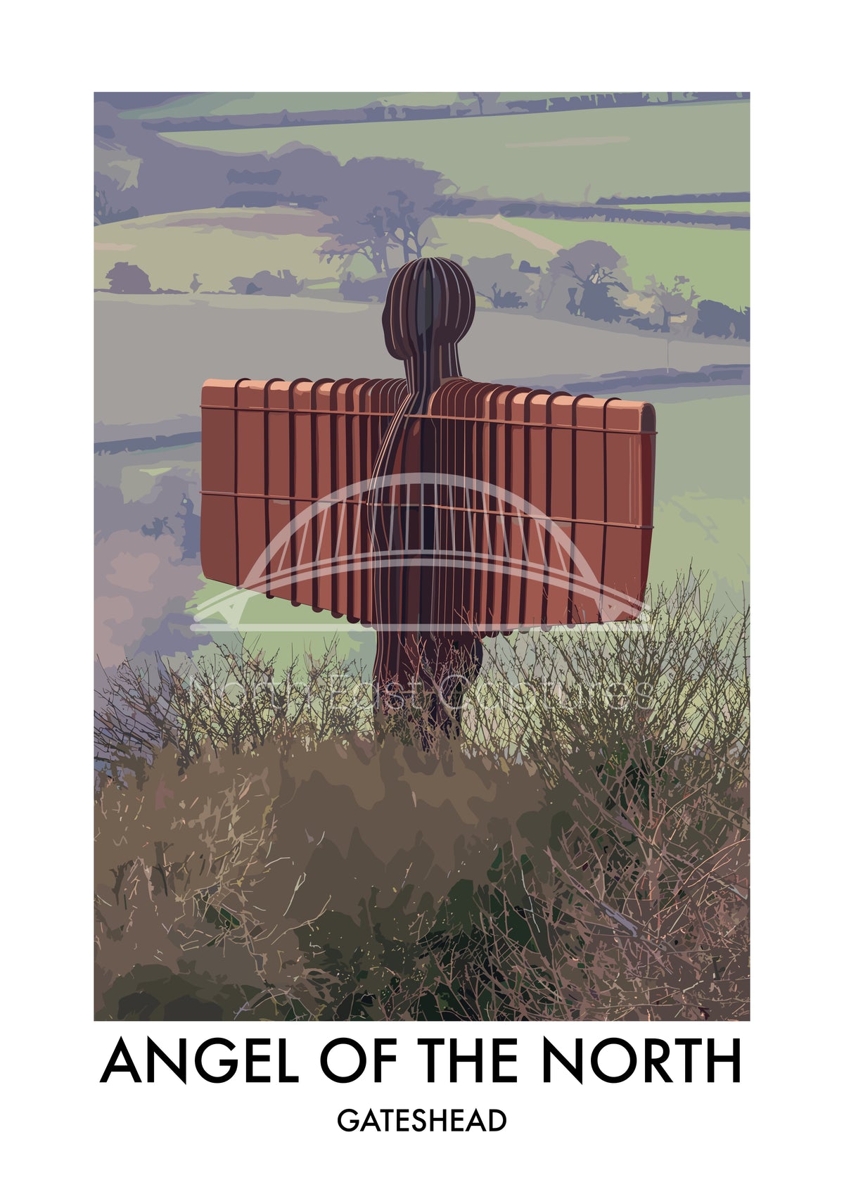 Angel of the North Countryside View vector artwork with landmark lettering and preview watermark