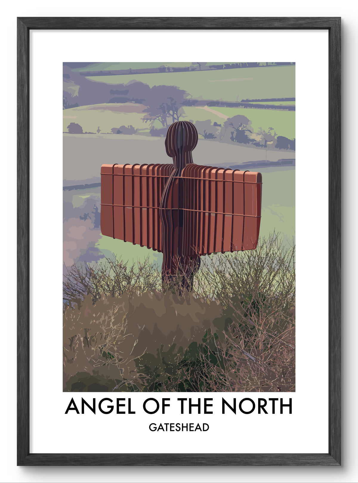 Angel of the North Countryside View vector art print shown in a black frame