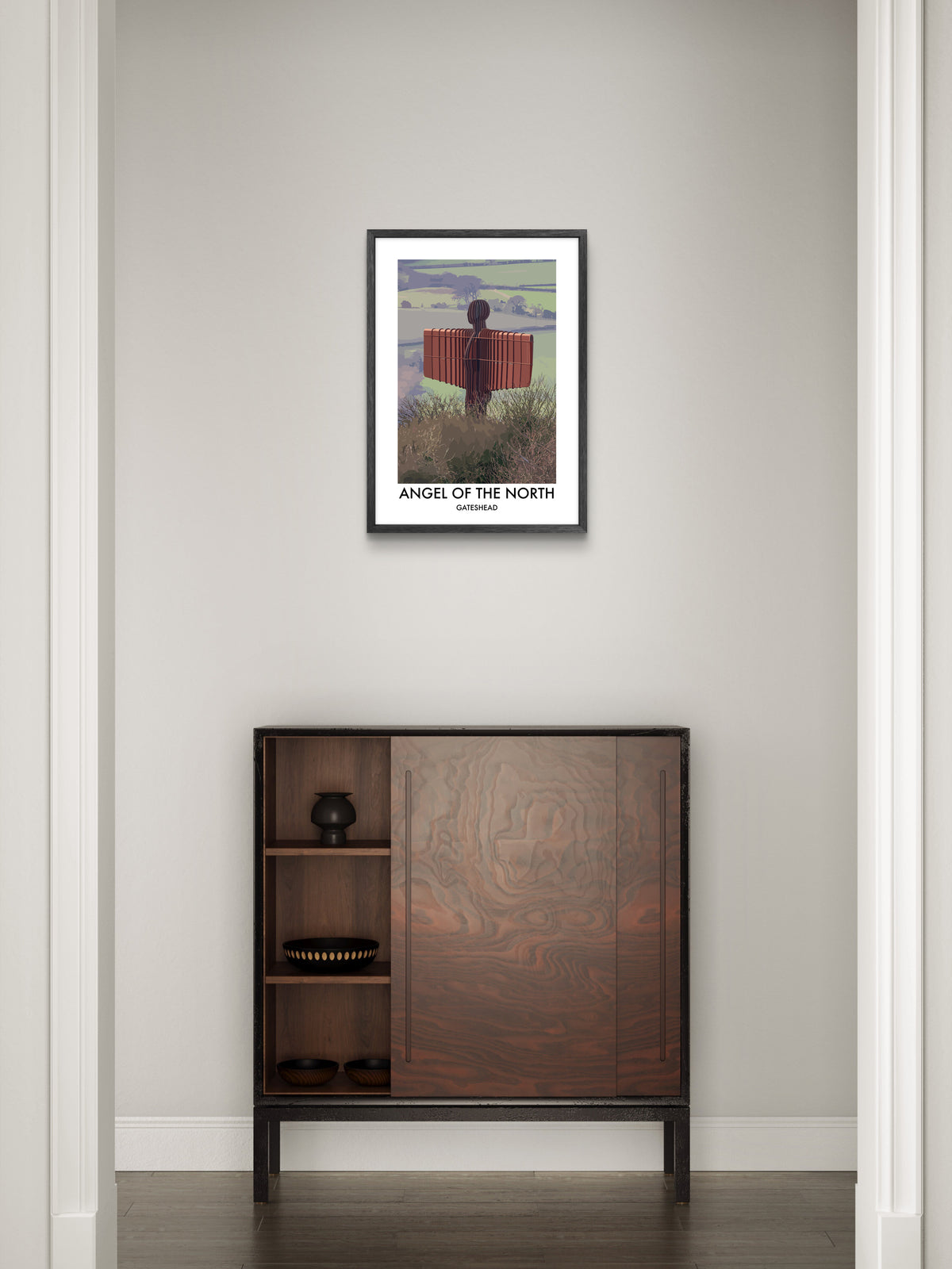 Angel of the North Countryside View framed vector art print displayed in a room setting