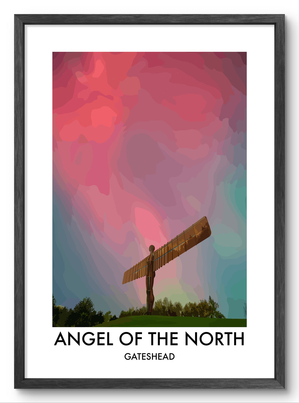 Angel of the North Crimson Sky vector art print shown in a black frame