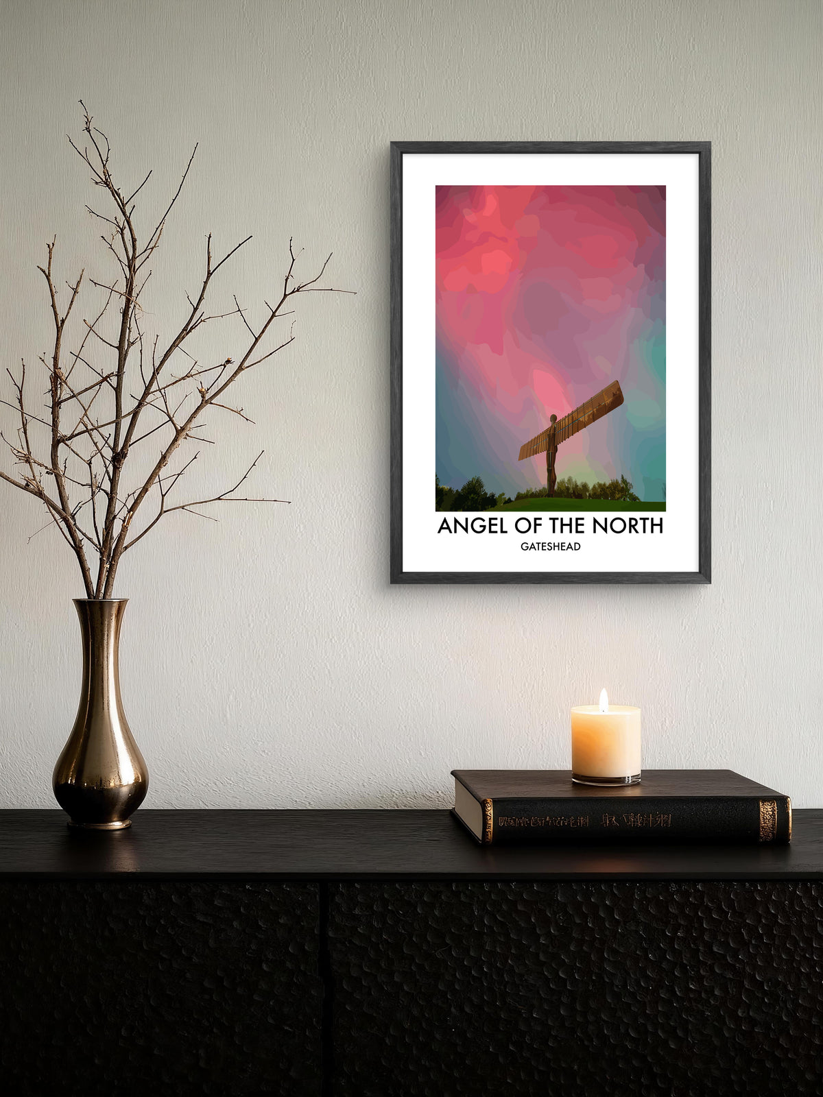 Angel of the North Crimson Sky framed vector art print displayed in a room setting