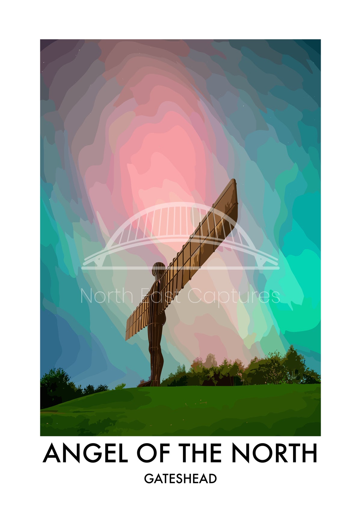 Angel of the North Pink and Teal Sky vector artwork with landmark lettering and preview watermark