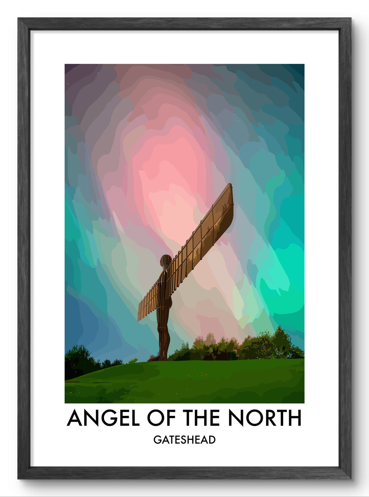 Angel of the North Pink and Teal Sky vector art print shown in a black frame