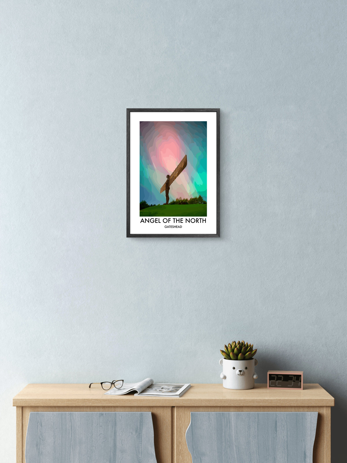 Angel of the North Pink and Teal Sky framed vector art print displayed in a room setting