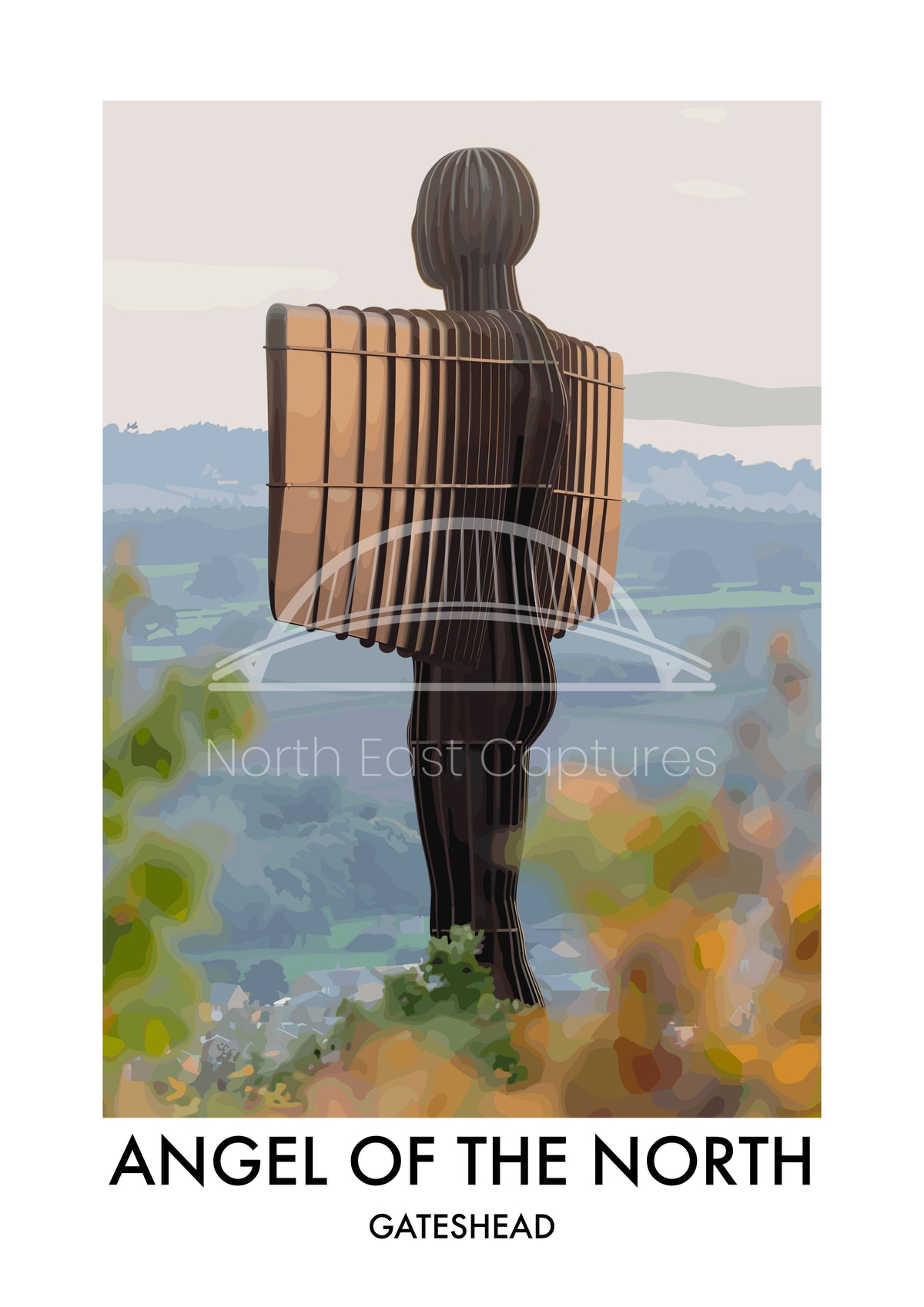 Angel of the North Side View vector artwork with landmark lettering and preview watermark