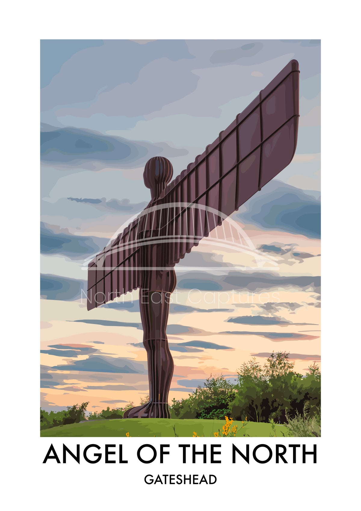 Angel of the North Sunset vector artwork with original lettering and preview watermark