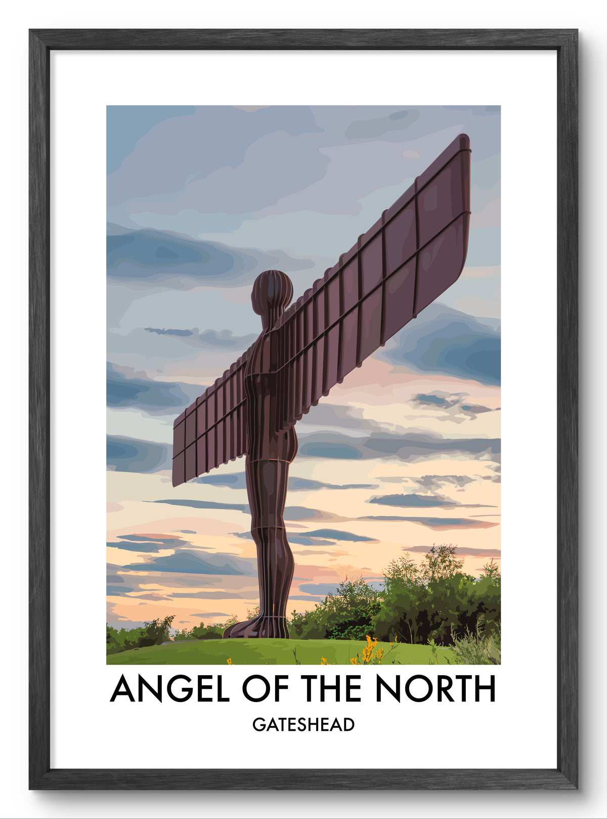 Angel of the North Sunset vector art print shown in a black frame