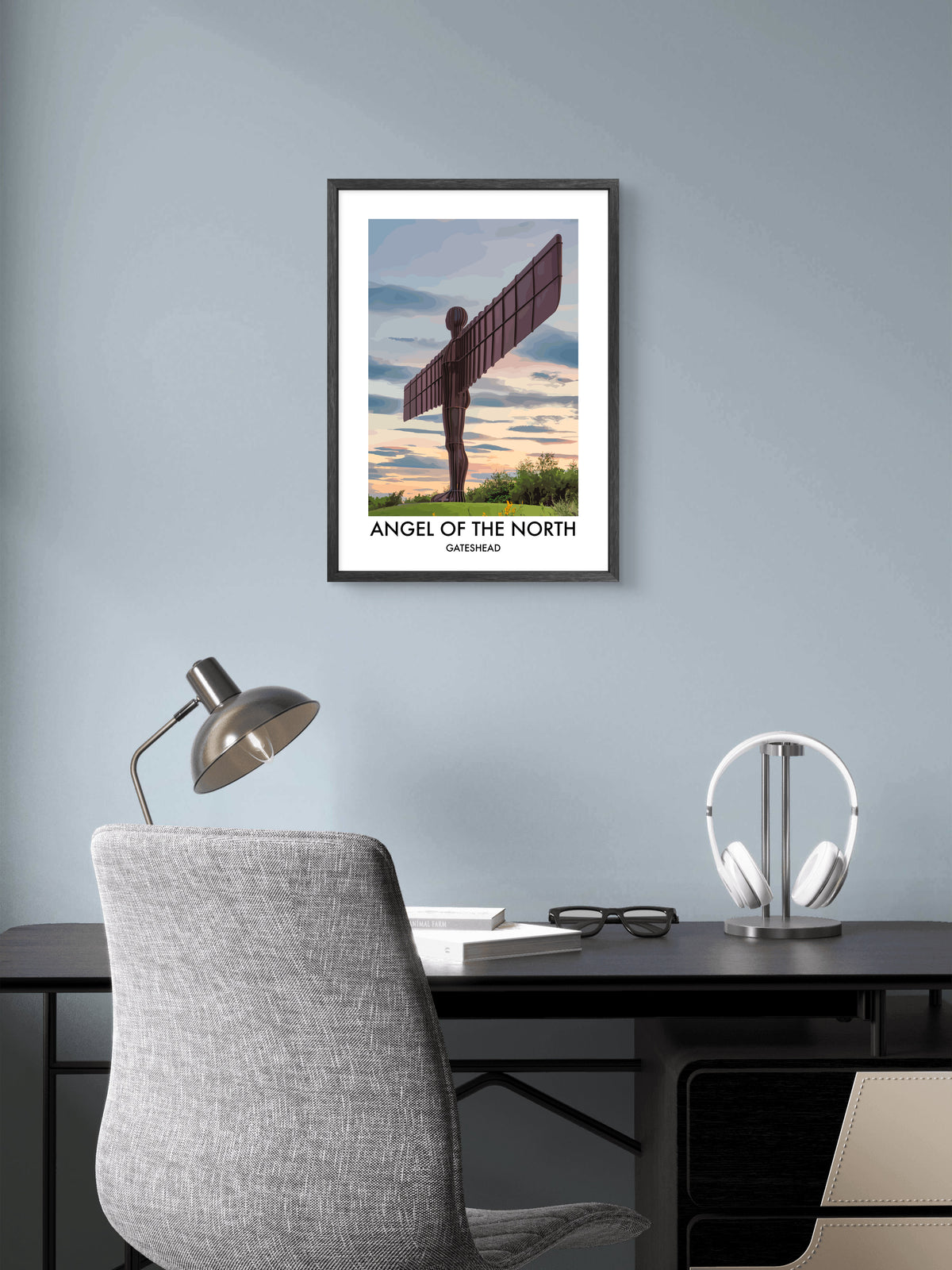 Angel of the North Sunset framed vector art print displayed in a room setting