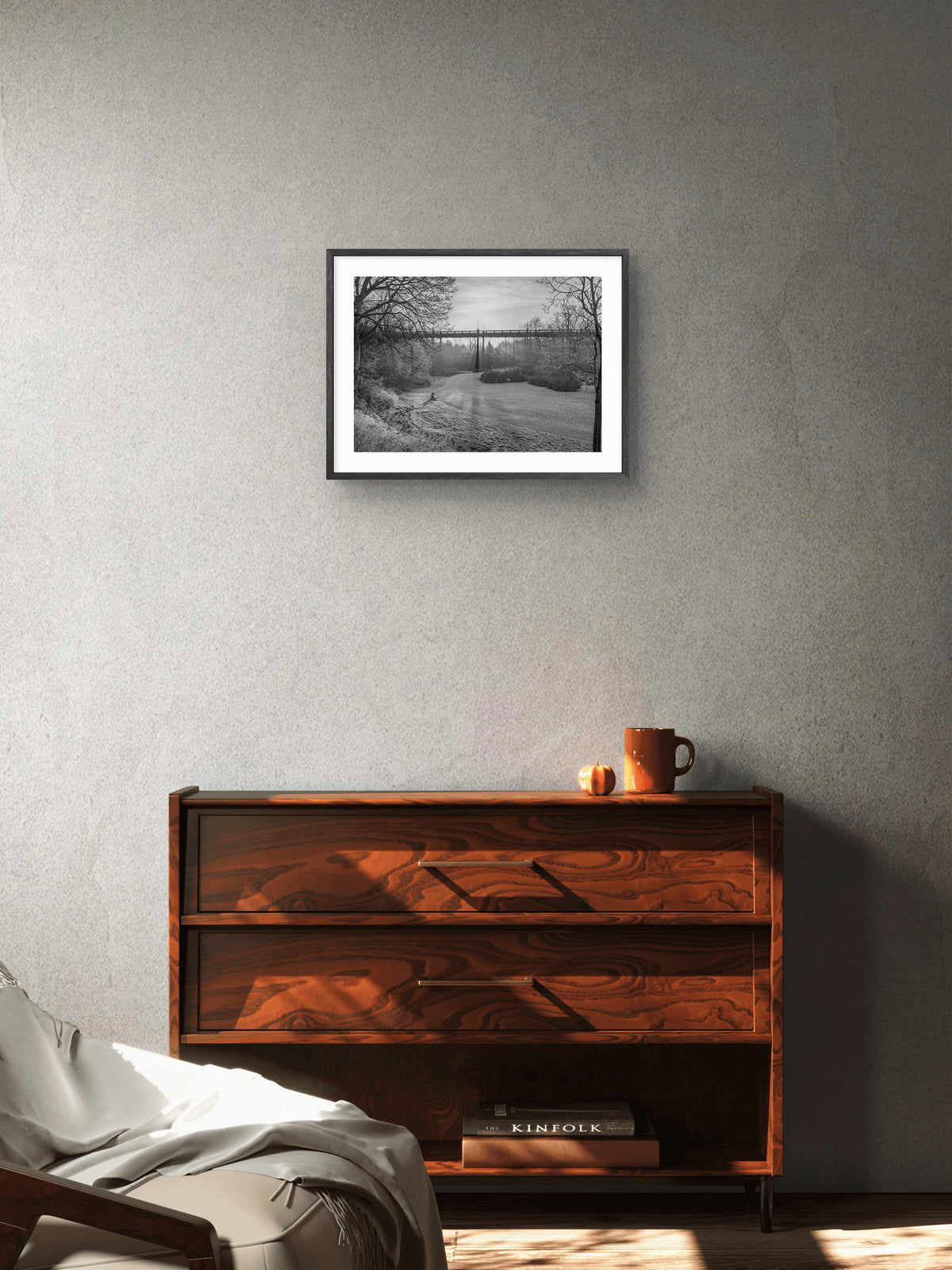 Armstrong Bridge Black & White — framed artwork shown in a room