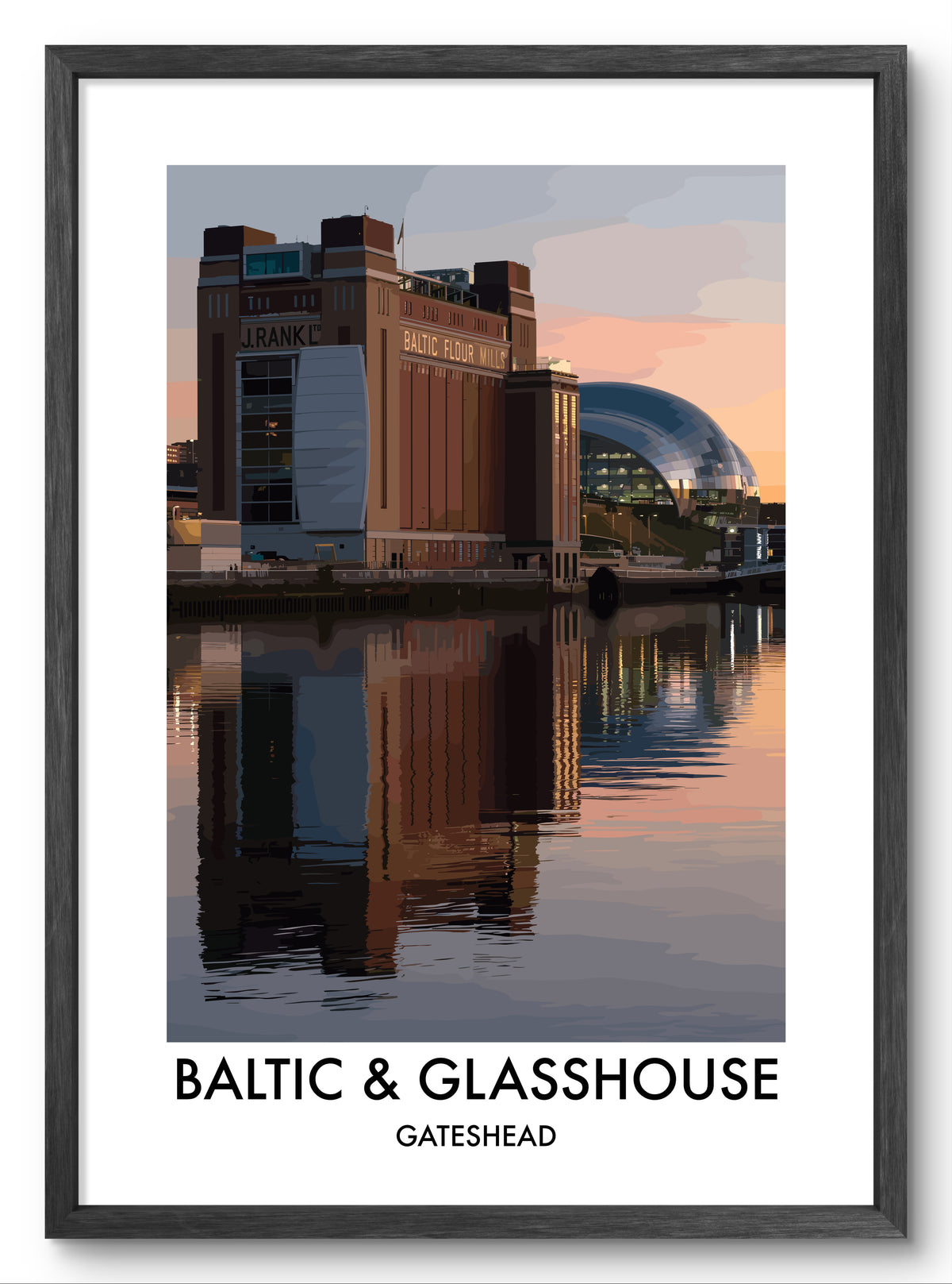 Baltic and Glasshouse Reflections vector art print shown in a black frame