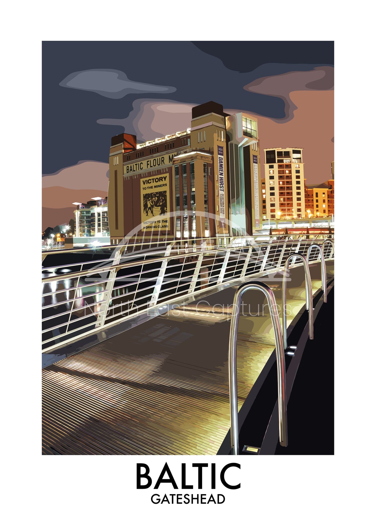 Baltic Gateshead Bridge View at Night vector artwork with landmark lettering and preview watermark
