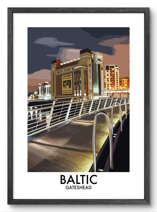 Baltic Gateshead Bridge View at Night vector art print shown in a black frame