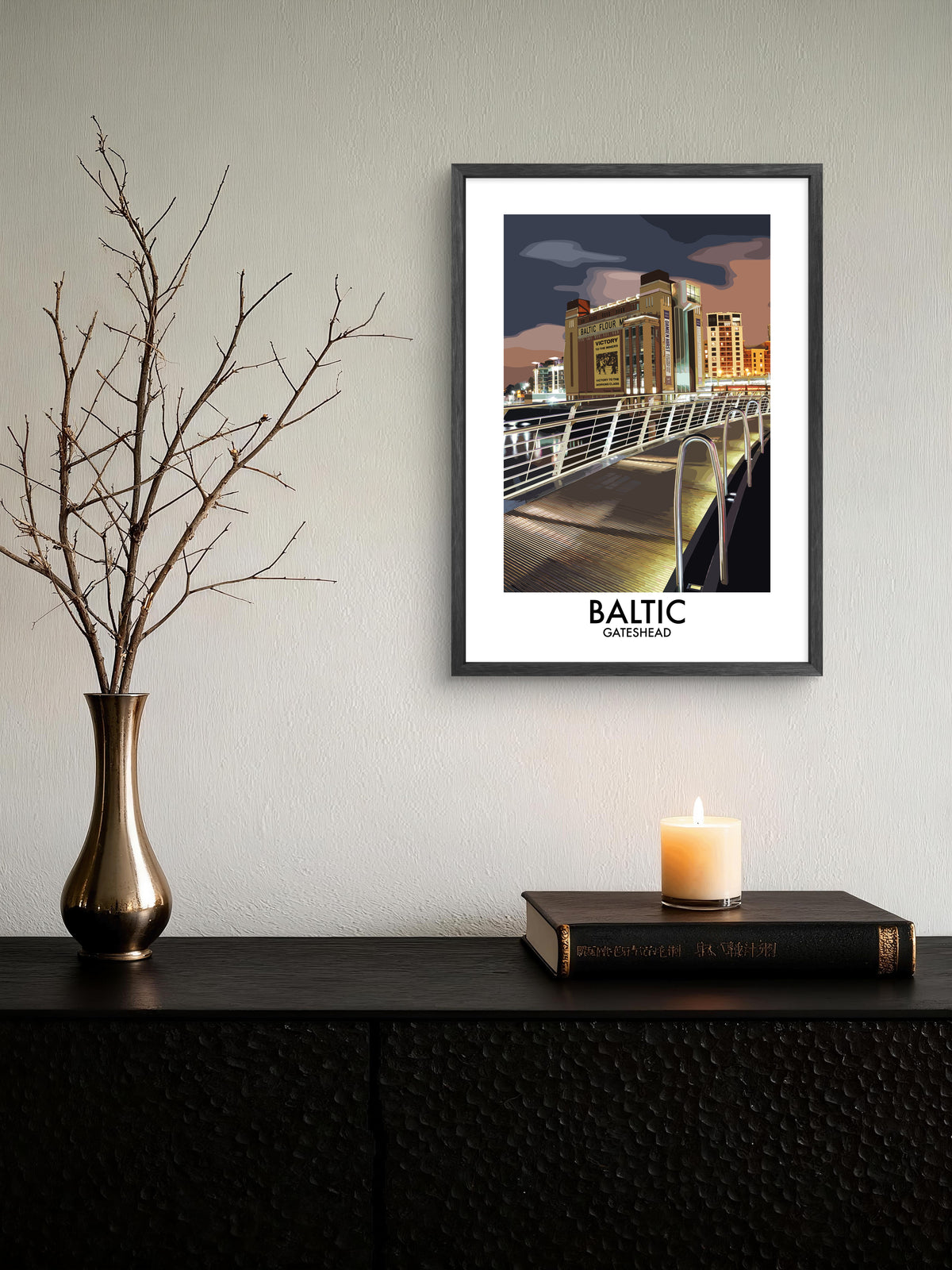 Baltic Gateshead Bridge View at Night framed vector art print displayed in a room setting