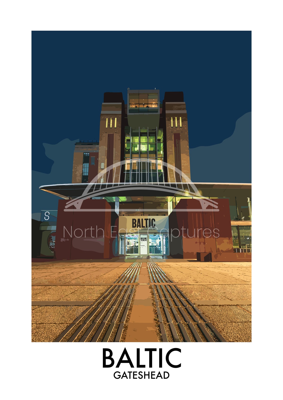 Baltic Gateshead Entrance at Night vector artwork with landmark lettering and preview watermark