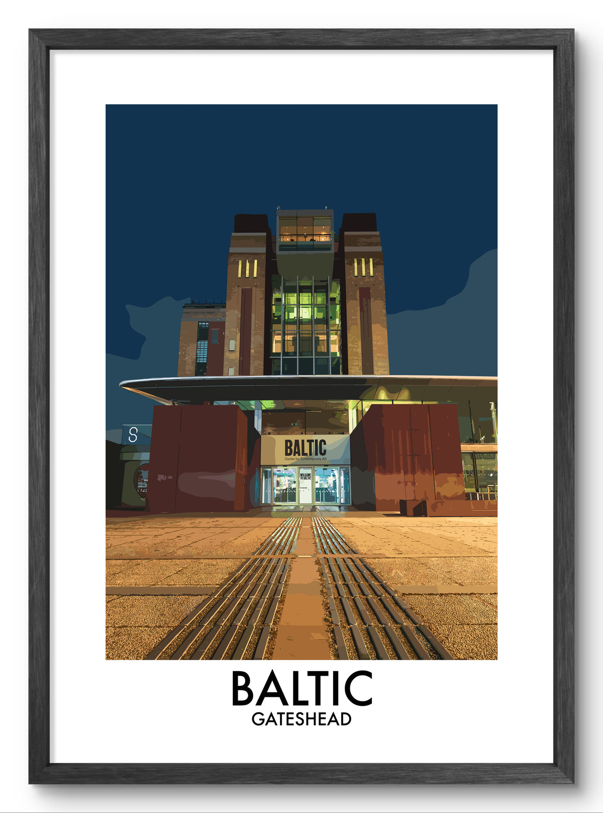 Baltic Gateshead Entrance at Night vector art print shown in a black frame