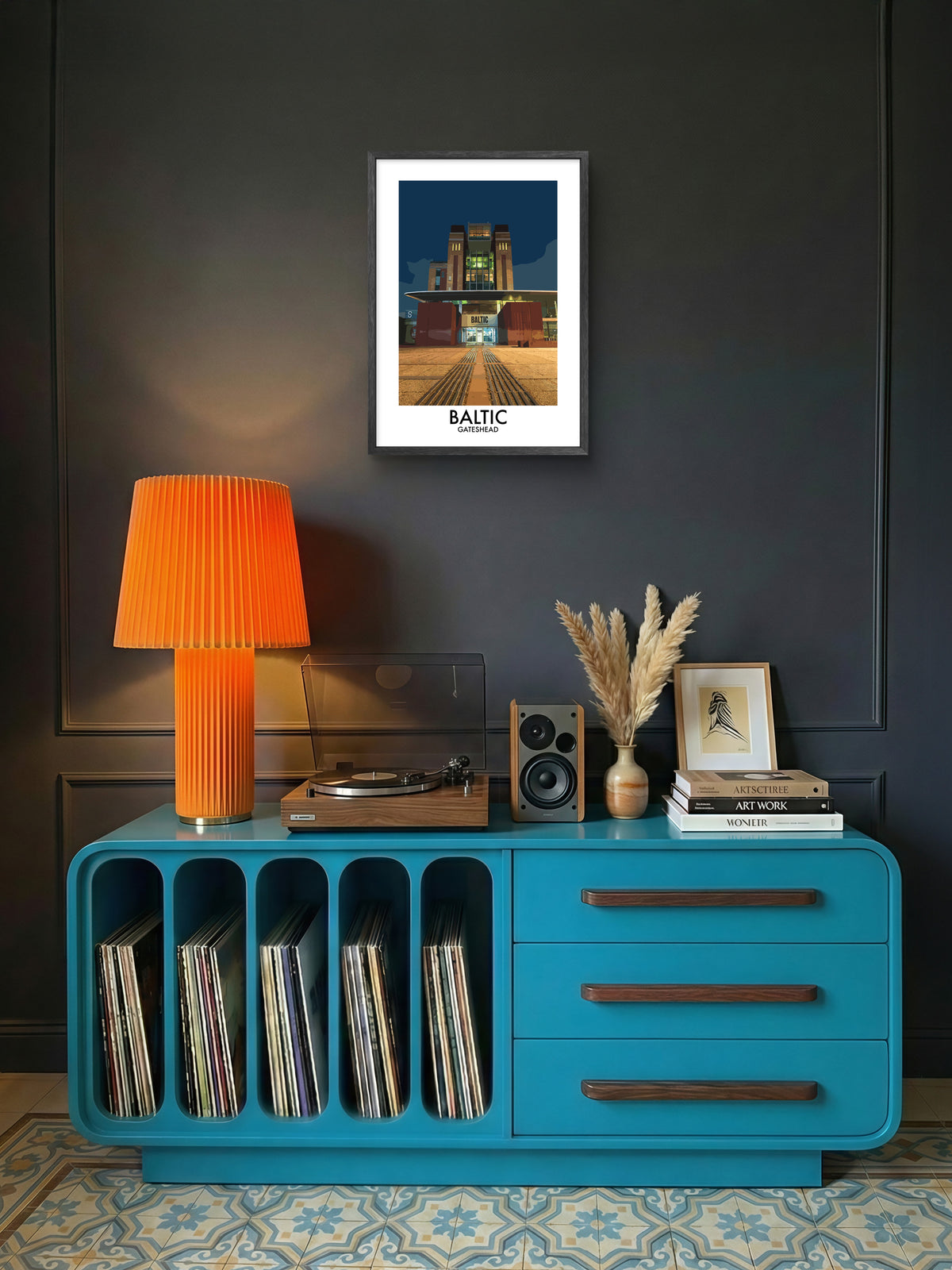 Baltic Gateshead Entrance at Night framed vector art print displayed in a room setting